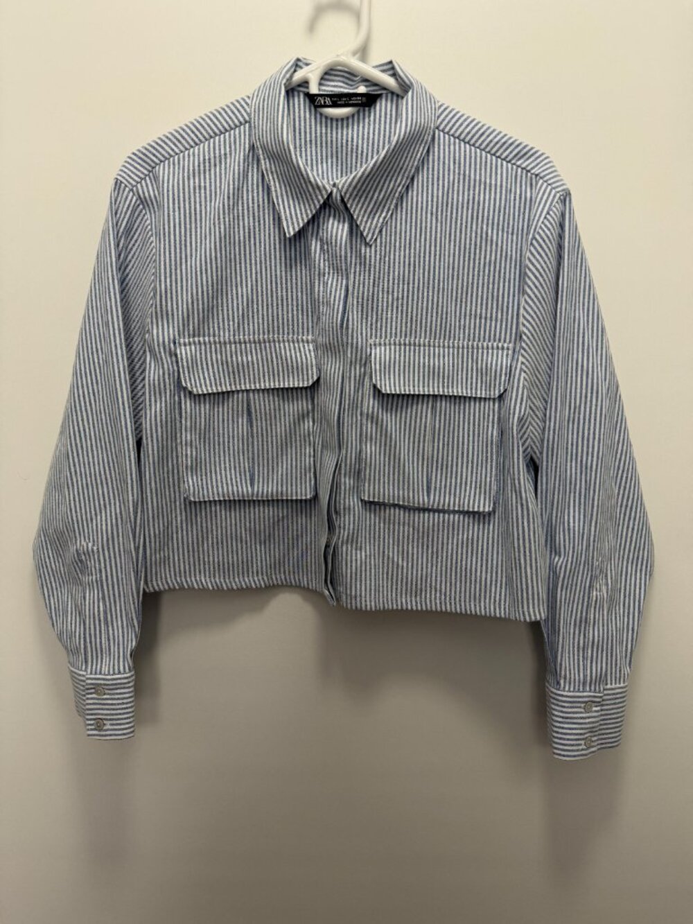ZARA Cropped Striped Shirt Jacket Oversized Utility Pocket Blue White Women's L